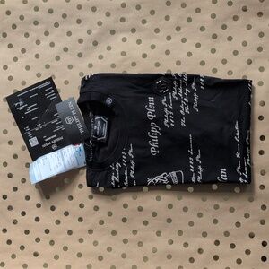 NWT Philipp Plein Black and White Script Tee T Shirt with Skulls Platinum Cut S